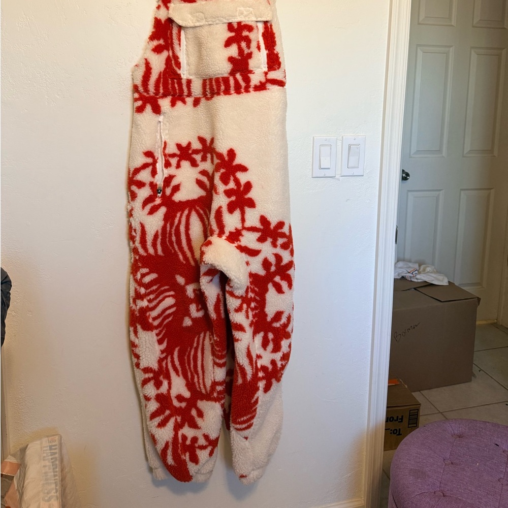 Free People Cozy Red & White Fleece Overalls Snow Pants - Picture 2 of 15